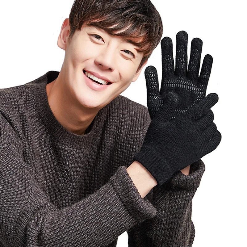 Winter Knitted Men's Gloves Touch Screen Anti-skid Solid Business Driving Cycling Full Finger Autumn Non-slip Rubber Male Gloves