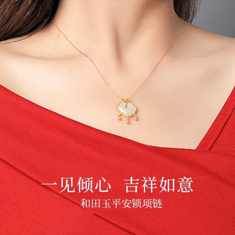 Long-life Lock Necklace Female Light Luxury National Wind Peace Ruyi Pendant Plated 100% Real Gold 24k 999 White Jade Keybone Ch
