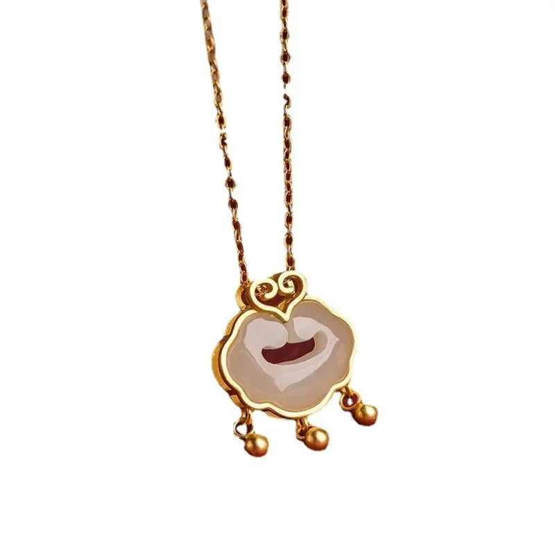 Long-life Lock Necklace Female Light Luxury National Wind Peace Ruyi Pendant Plated 100% Real Gold 24k 999 White Jade Keybone Ch