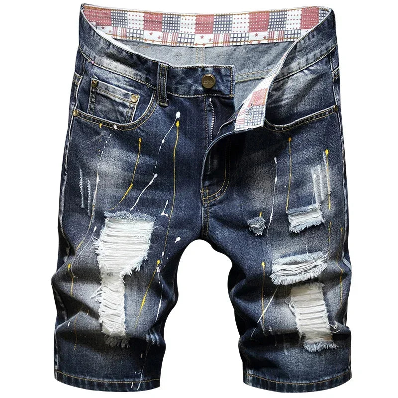 Men's Short Pants Jeans Trend Beggar Quarter Pants Ripped Denim Shorts Loose Straight Painted