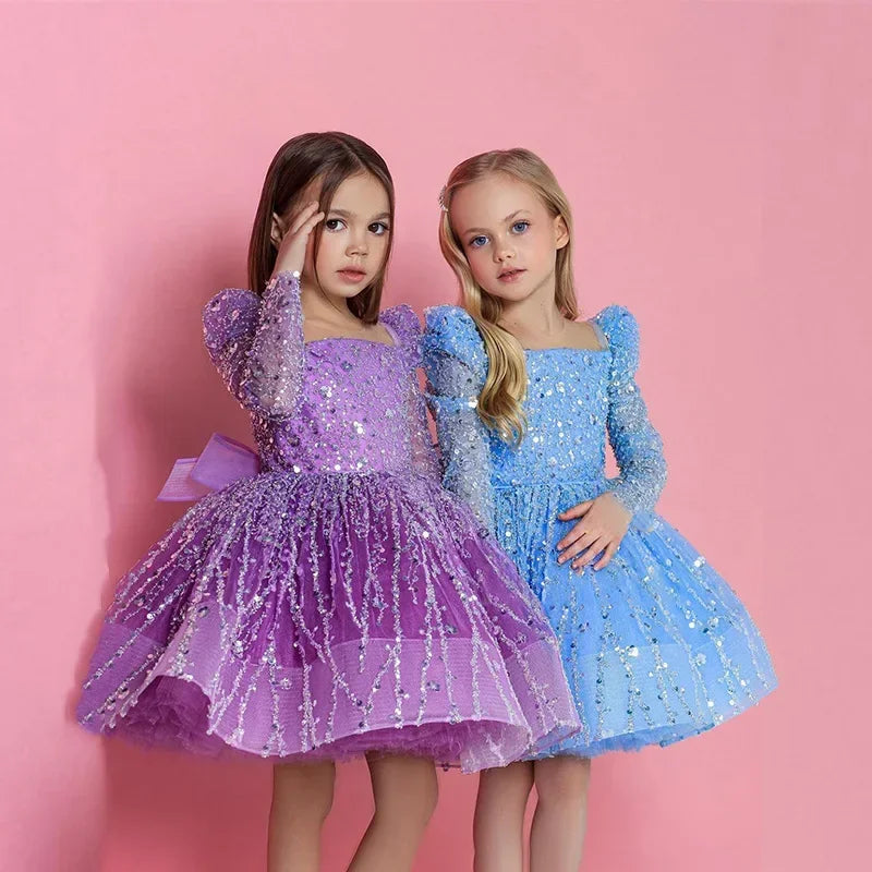 2024 Girls Dress Sequin Mesh Long-sleeved Birthday Party Outfit  New children's Clothes Matching Baby Opening Ceremony Prom