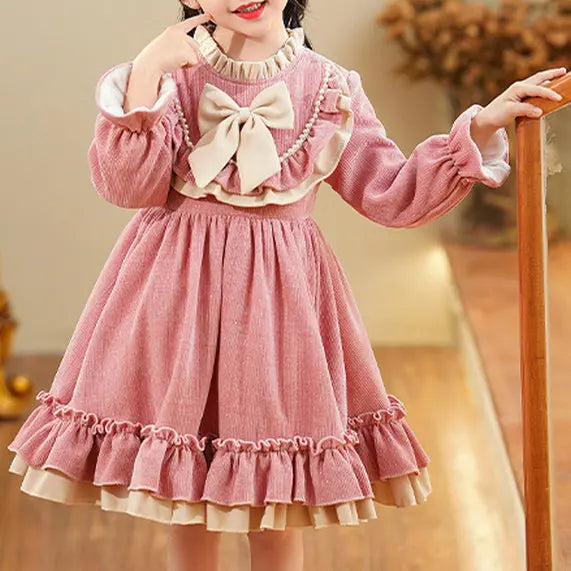 Girls 2023 Winter New Fashionable Korean style Dress Children Fashionable Bow Lace Collar Plush Thickened Princess Dress