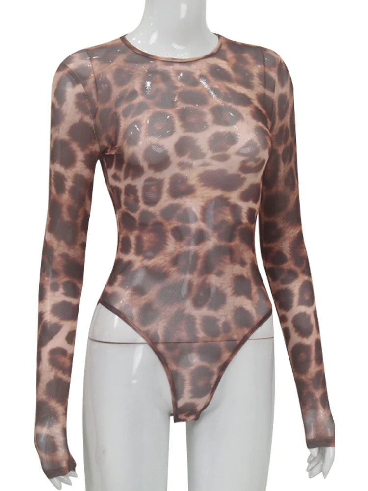 Ahagaga Fashion Club Leopard Printed Sexy Women Bodysuits Casual O-neck Slim Sheath Rompers T Shirts Streetwear Full Sleeve Tops