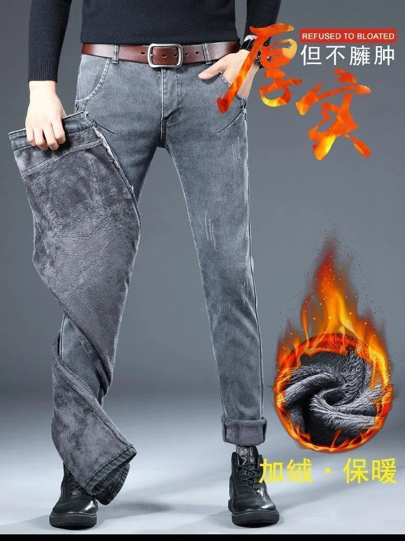 2024 Winter New Fashion Plus Fleece Thick Warm Jeans Men's Casual Relaxed Comfortable Stretch High Quality Plus-Size Pants 28-36