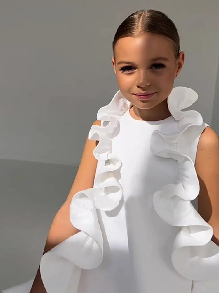 Girl Summer New Dress Sleeveless Ruffles Princess Wedding Luxury Kids Fashion Clothes Brithday Show Vestidos Outfit Wz1326