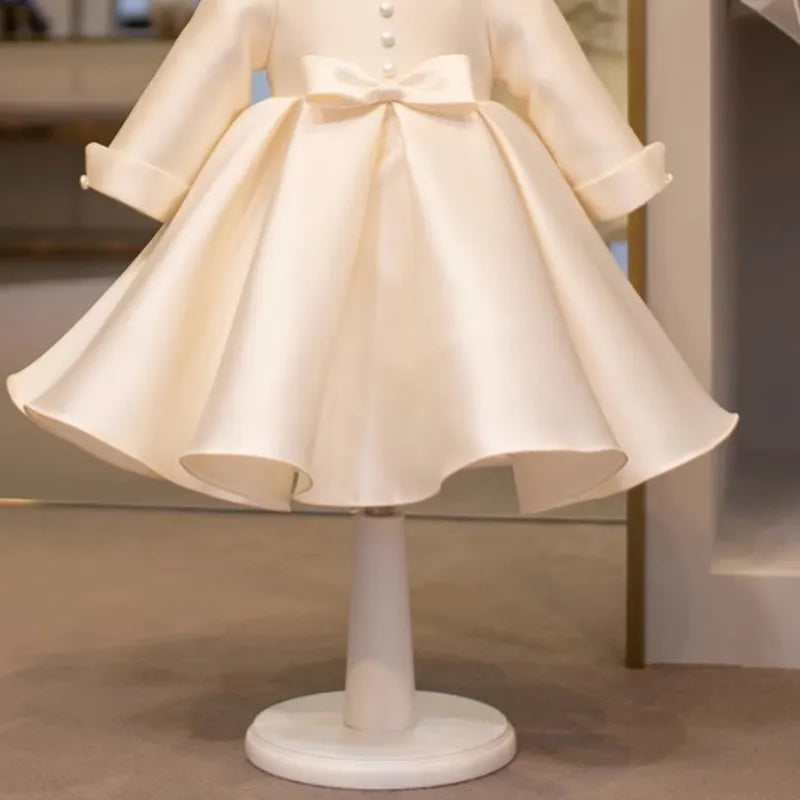 Newborn Girl Princess Bow Button Dress Long Sleeve Infant Toddler Child Vestido Wedding Party Birthday Baby Clothes 12M-10Y