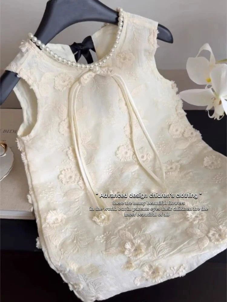 Childrens Wear 2024 New Girls Dress Summer Childrens Fashion Bow Embroidered Princess Dress Girl Clothes