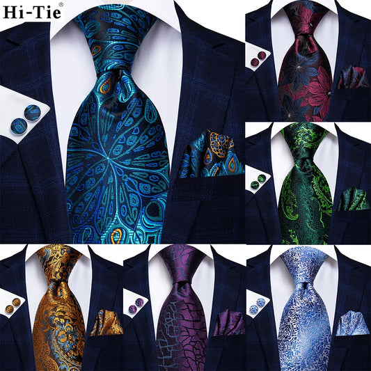 Hi-Tie Peacock Blue Novelty Design Silk Wedding Tie For Men Hanky Cufflinks Gift Mens Necktie Set Business Party Dropshipping