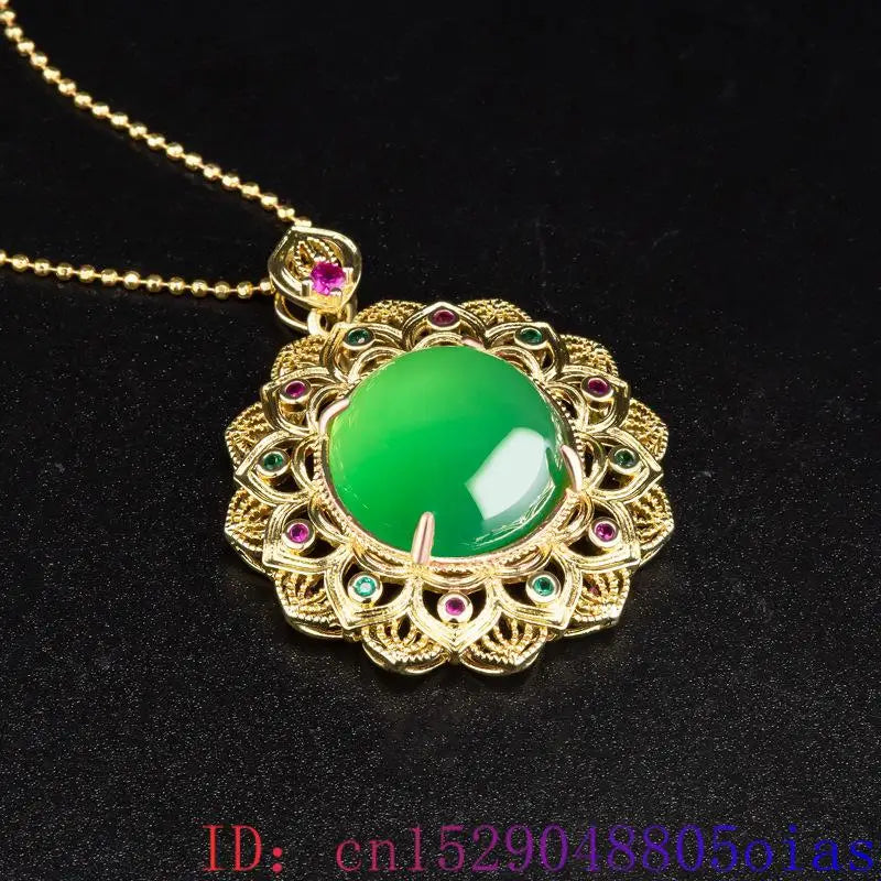 Green Real Jade Agate Flower Pendant Necklace Gifts for Women Fashion Natural Jewelry Amulet 18K Gold Plated Carved Accessories