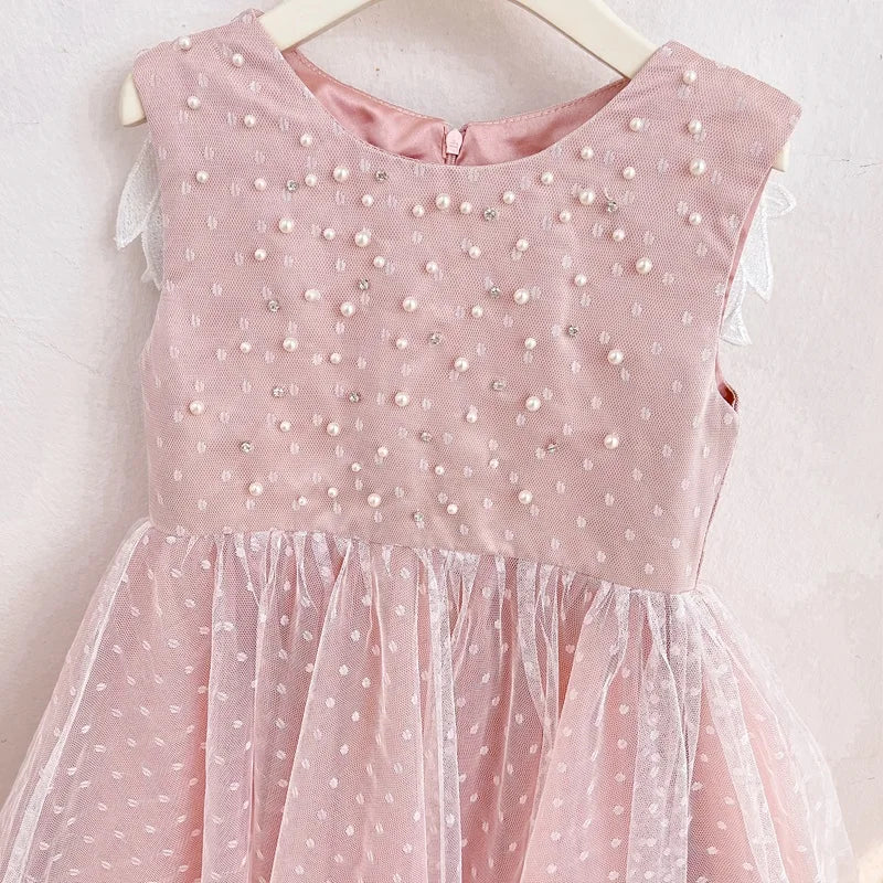 Baby Girl Princess Angel Wing Dress Infant Toddler Child Sleeveless Pearl Vestido Party Pageant Birthday Baby Clothes 1-12Y