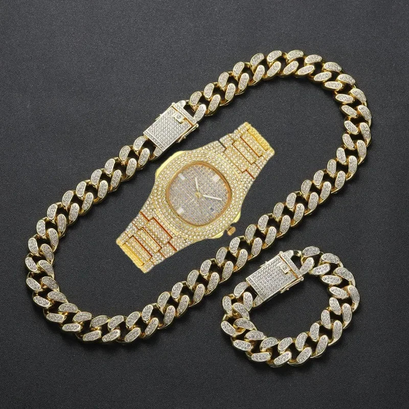 Miami Curb Cuban Chain Necklace Bracelet Women Men 20mm Big Gold Color Iced Out Paved Rhinestones Hip Hop Jewelry Set Box Clasp