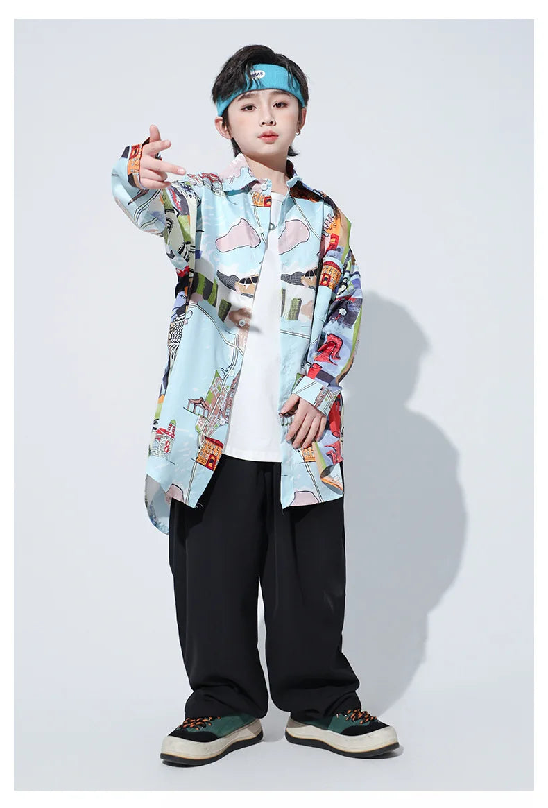 New Kids Street Dance Hip Hop Clothing Boys Girls Loose Long Sleeves Shirt Black Pants Casual Rave Clothes Teenagers Stage Wear