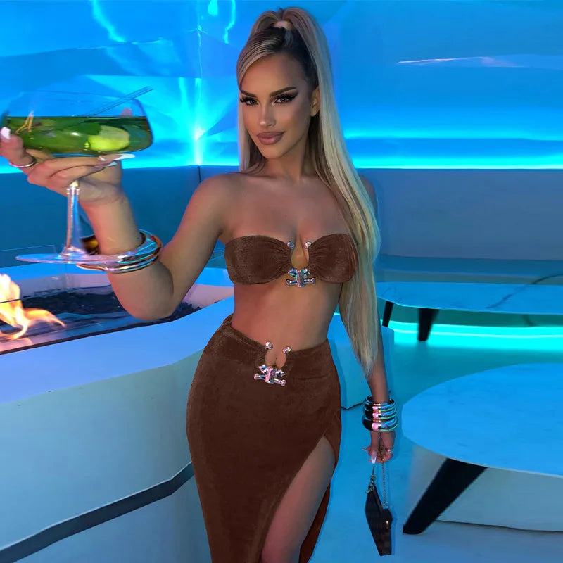 Elegant Sexy Bandeau Top with Slit Asymmetrical Skirt Two Piece Set Women Summer Party Festival Matching Sets Orange