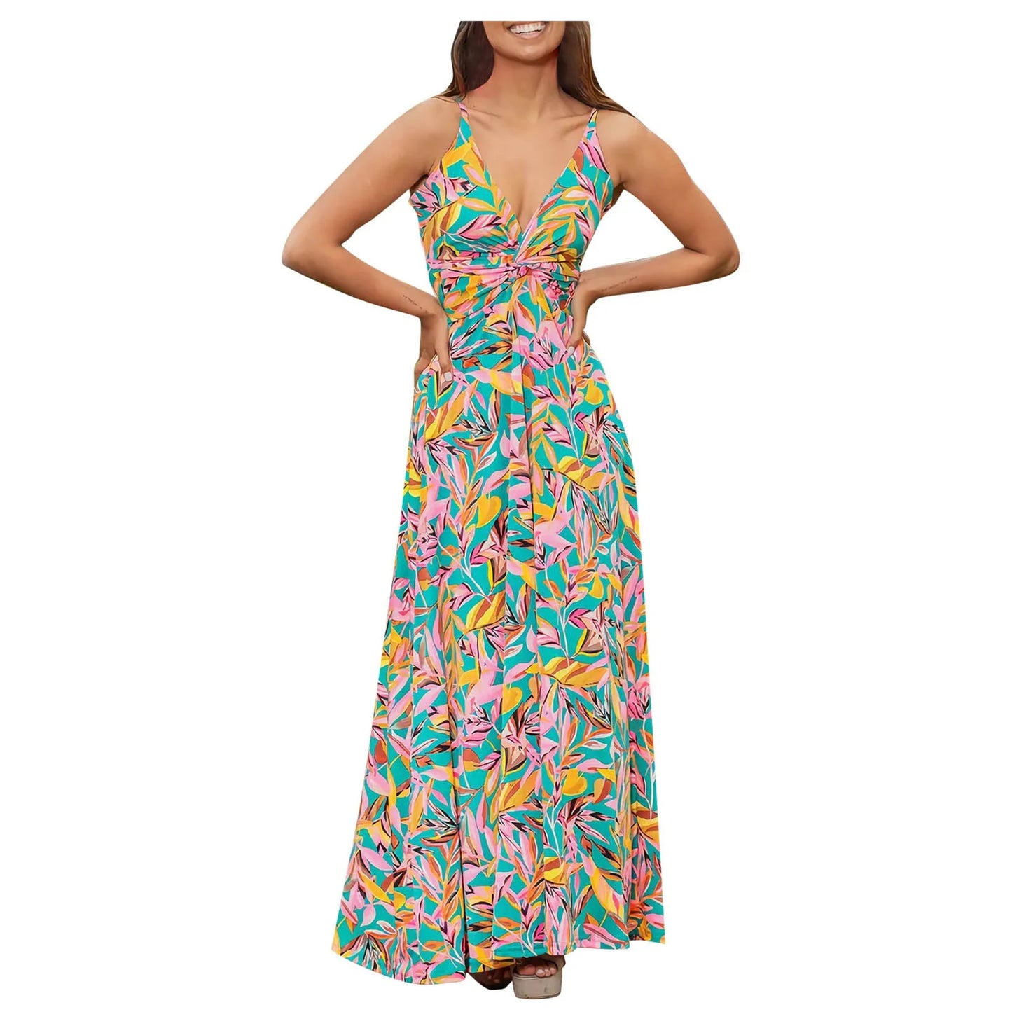 Boho Dress Floor Length Women's Spaghetti Strap Backless Maxi Dress Large Swing Casual Holiday Wrapped Knot Long Dress Vestidos