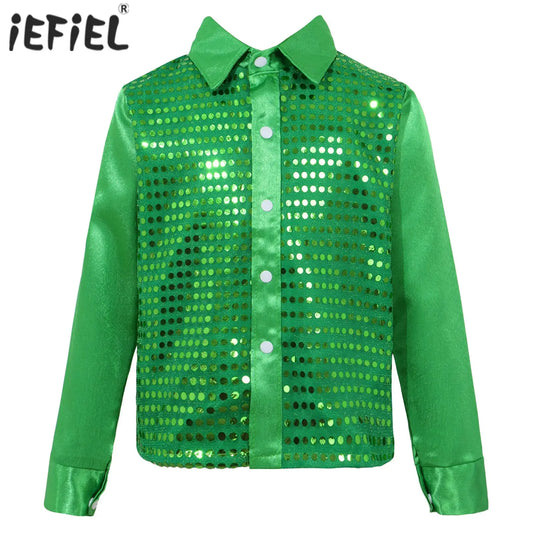 Kids Boys Choir Jazz Dance Wear Ballroom Shirt Tops Glittery Sequined Long Sleeve Spread Collar Shirt for Stage Performance