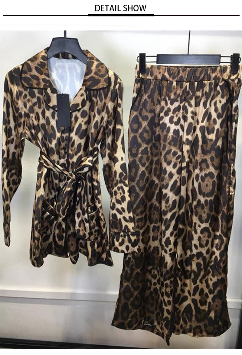 Autumn new Leopard print lapel long sleeve lace-up shirt women's two-piece suit+high waist wide leg trousers fashion suit