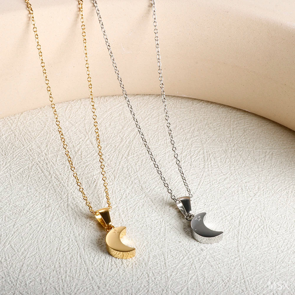 JINHUI Moon and Saturn Friendship Necklaces For Women Stainless Steel Metal Pendant Folklore Necklace Trendy Chain Jewelry Set