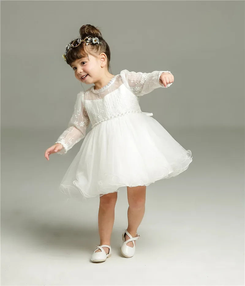 0-24 Months Long Sleeve Baby Girl Dress Infant Toddler Birthday Party Dresses Little Girls White Wedding Baptism Dress 8515