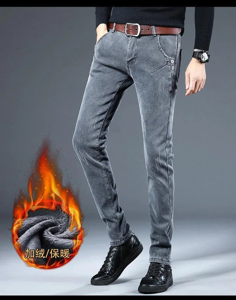 2024 Winter New Fashion Plus Fleece Thick Warm Jeans Men's Casual Relaxed Comfortable Stretch High Quality Plus-Size Pants 28-36