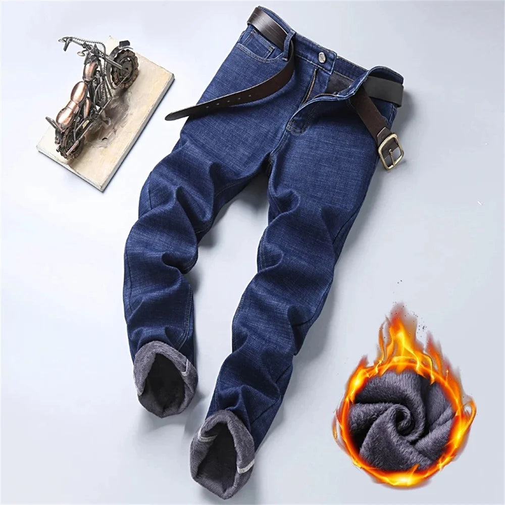 Men's Classic Regular Fit Fleece Jeans Business Fashion Loose Casual Stretch Pants Male Brand Plus Velvet Padded Warm Trousers