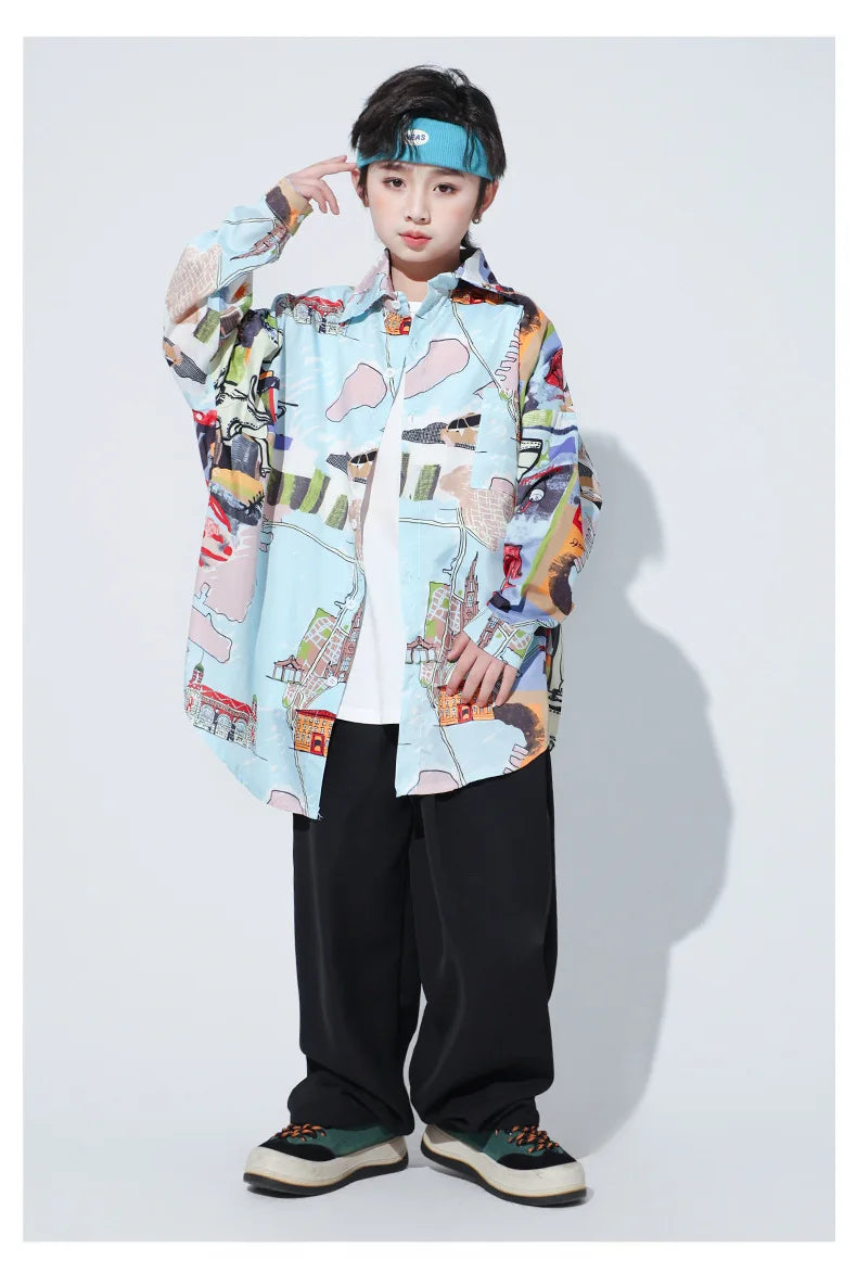 New Kids Street Dance Hip Hop Clothing Boys Girls Loose Long Sleeves Shirt Black Pants Casual Rave Clothes Teenagers Stage Wear