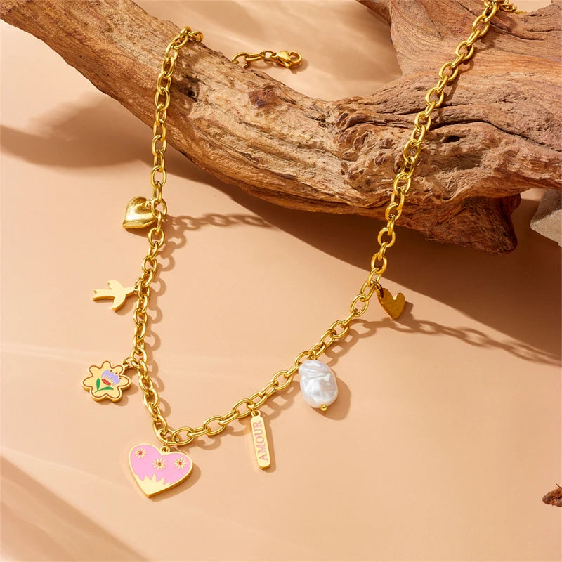 DIEYURO 316L Stainless Steel Pink Heart Flower Irregular Pearl Pendant Necklace For Women New Trend Love Neck Jewelry Gift Party