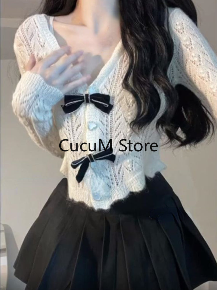 French Elegant 2 Piece Set Woman White Knitted Blouse Bow + Casual Slim Y2k Mini Skirt Korean Fashion Suit Outfit 2023 Autumn