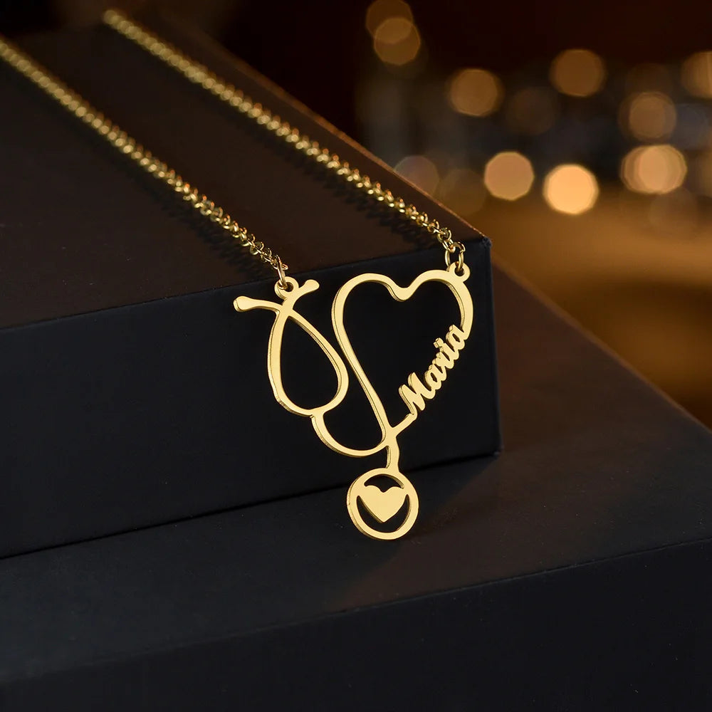 Diamon New Personalized Custom Name Necklace Stainless Steel Stethoscope Letter Chock Chain Nameplate for Women Jewelry Gifts