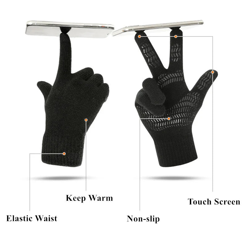 Winter Knitted Men's Gloves Touch Screen Anti-skid Solid Business Driving Cycling Full Finger Autumn Non-slip Rubber Male Gloves