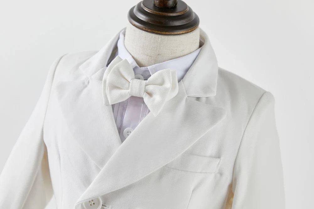 Young child Boy White Suit Baptism Birthday Party Photograph Clothes Dress Baby Jacket Straps Pants Bowtie 3PCS Eid Kids Attire