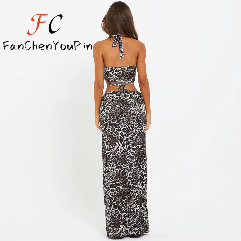 2024 Summer Women's Dress Set Elegant Sexy Backless Sleeveless Lace-up Top Slim Fit Long Skirt Leopard Print Suit Holiday Beach
