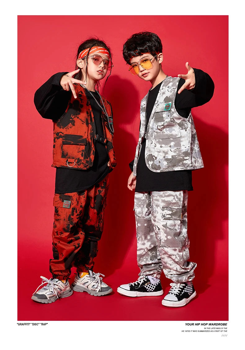 Modern Hip Hop Dance Clothes Kids Costume Camouflage Vest Pants Girls Long Sleeves Suit Boys Street Dance Outfit Rave Wear L9730