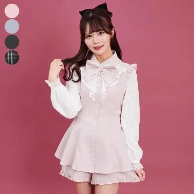 SC Suit Japanese Mine Mass-Produced Lolita Girl Sweet Bow Lace Long Sleeve Shirt Dress Shorts Culottes 2 Piece Set Women Outfits