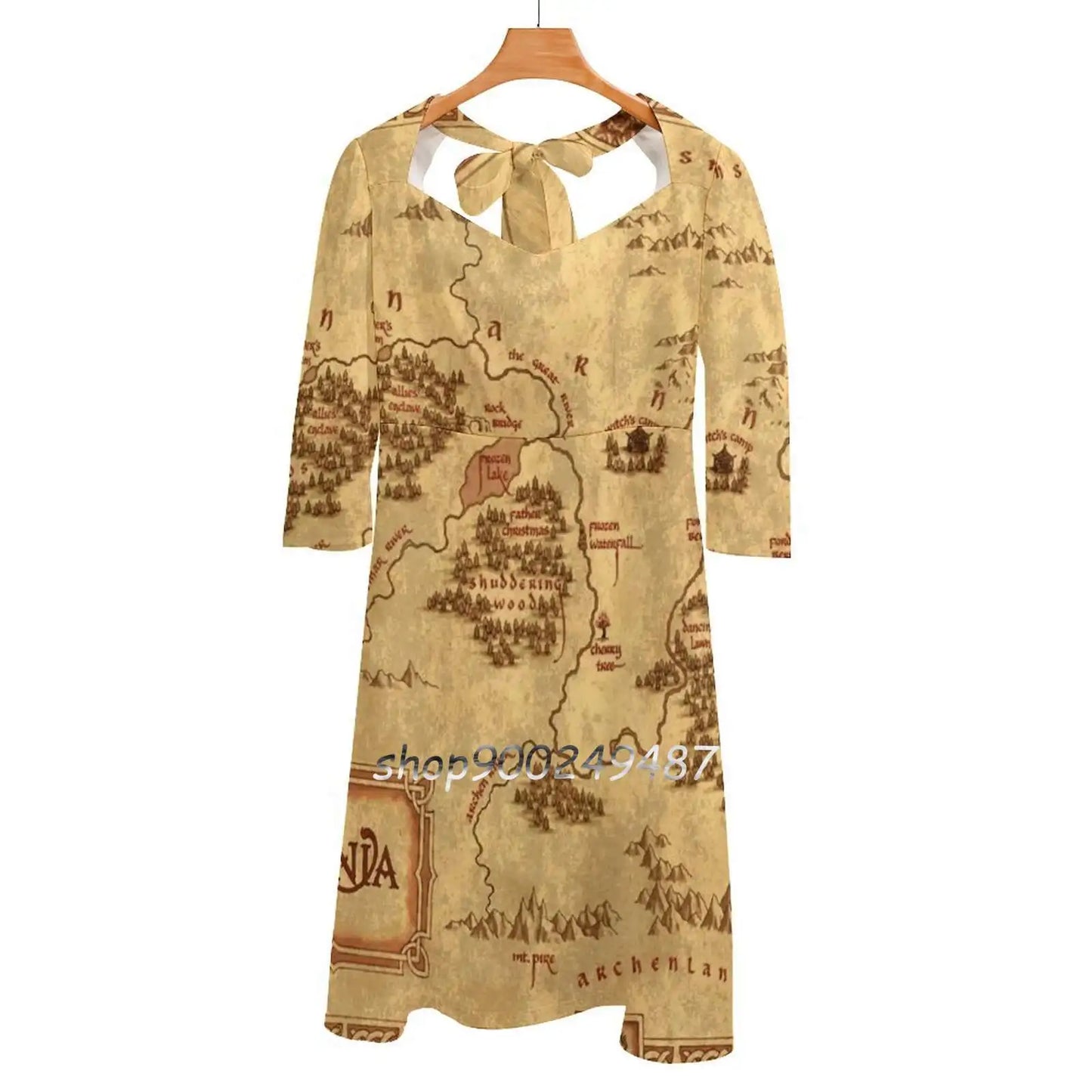 Map Square Neck Dress Sweet Summer Dress Women Elegant Halter Print Dress Map Fantasy Lion World Magic Tv Series Movies America