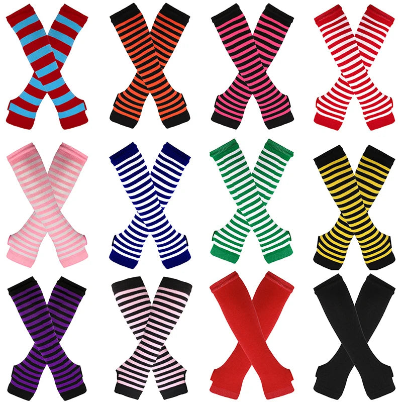 Men Women's Summer Winter Long Knitted Stripe Hip-Hop Emo Gothic Lolita Black Fingerless Gloves Girls Boys Arm Warmers Gloves