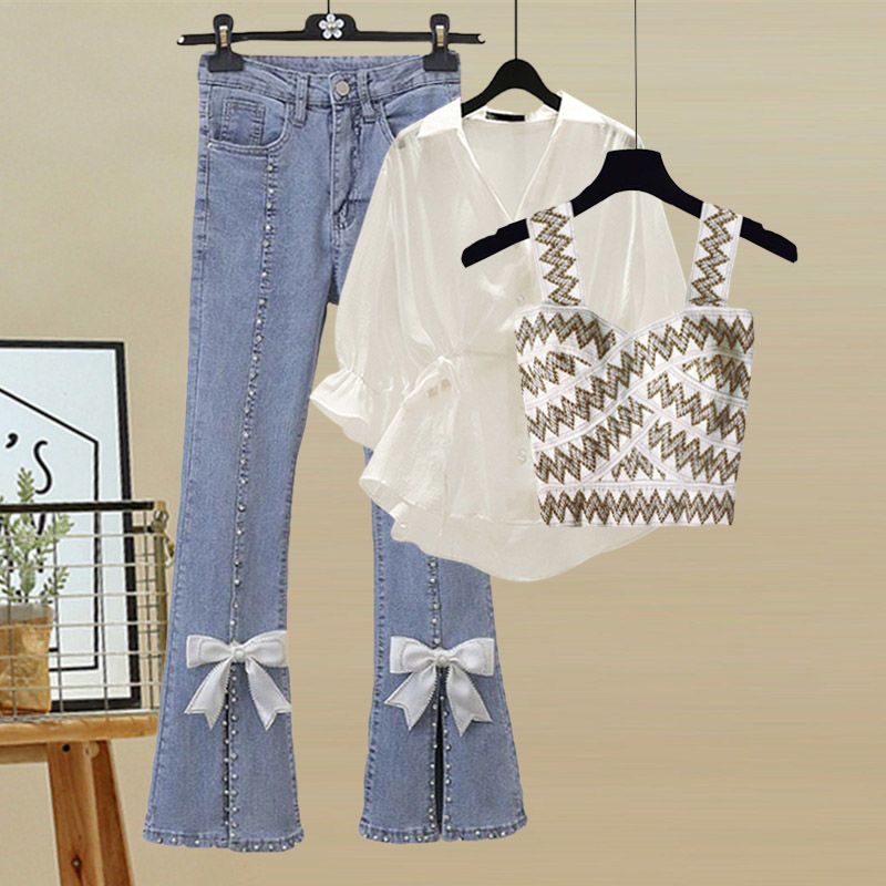 Spring/Summer Fashion Women Three Piece Set Temperament Chiffon Shirt Small Fragrant Knitted Back Temperament Split Jeans