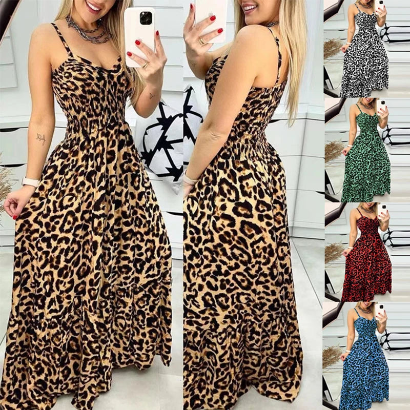 Summer Women's Leopard V-neck Suspender Dress Bohemian Style High Waist Sexy Temperament Fashion Dress Holiday Party Sundress
