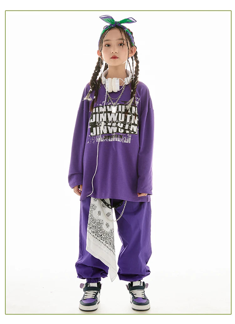 Jazz Dance Clothes Girls Hip Hop Costume Loose Coat Purple Pants Boys Breaking Street Dance Outfit Long Sleeves Suit