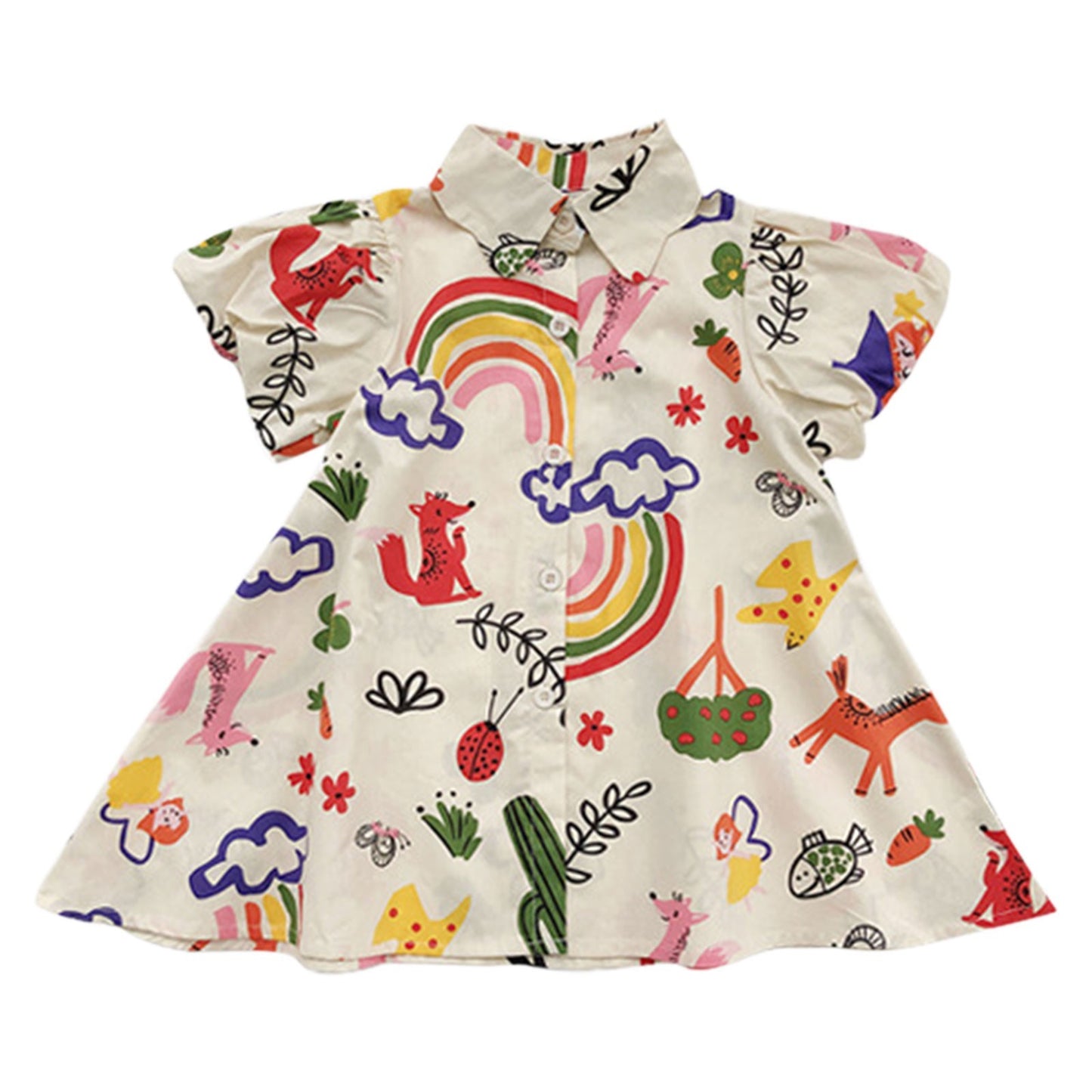 Kids Girls Shirt Dress Toddler Baby Summer Cute Cartoon Prints Short Sleeve Party Princess Dress Lapel Sundress Girls Clothes
