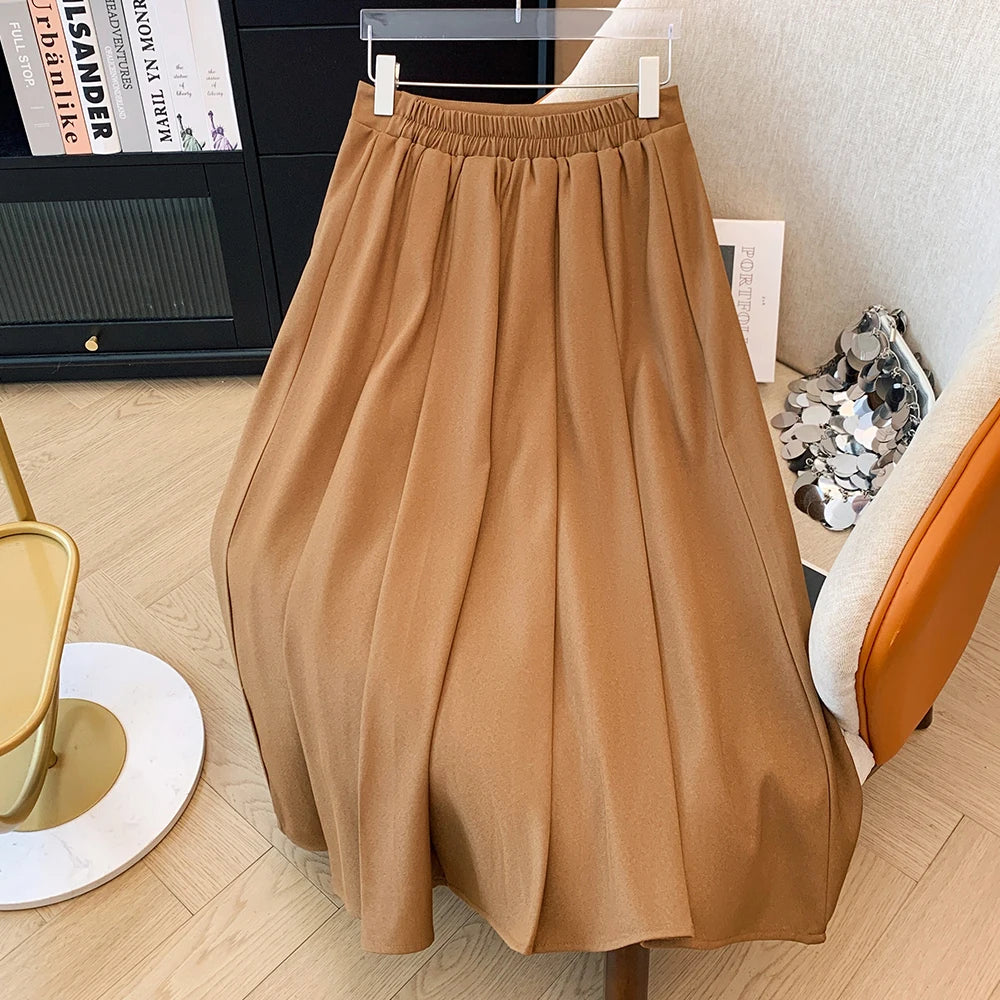 Plus size women's spring and autumn casual high-waist coffee color Medium and long size skirt elastic waist loose skirt 2024 new