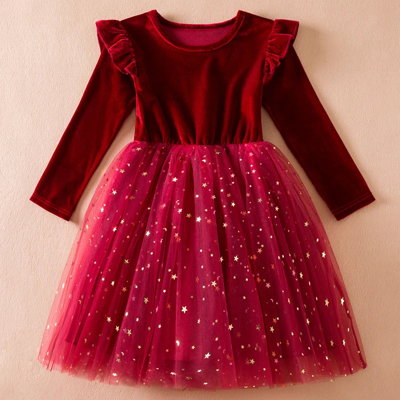 Sequin Girls Princess Party Dresses for 3-8 Yrs Kids Birthday Wedding Evening Prom Gown Spring Fall Long Sleeve Children's Dress