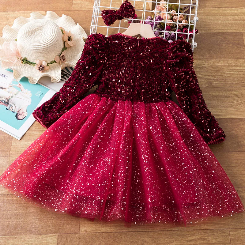 Sequin Girls Princess Party Dresses for 3-8 Yrs Kids Birthday Wedding Evening Prom Gown Spring Fall Long Sleeve Children's Dress