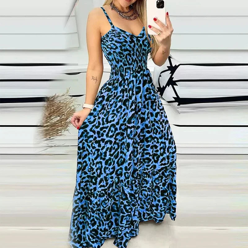 Summer Women's Leopard V-neck Suspender Dress Bohemian Style High Waist Sexy Temperament Fashion Dress Holiday Party Sundress