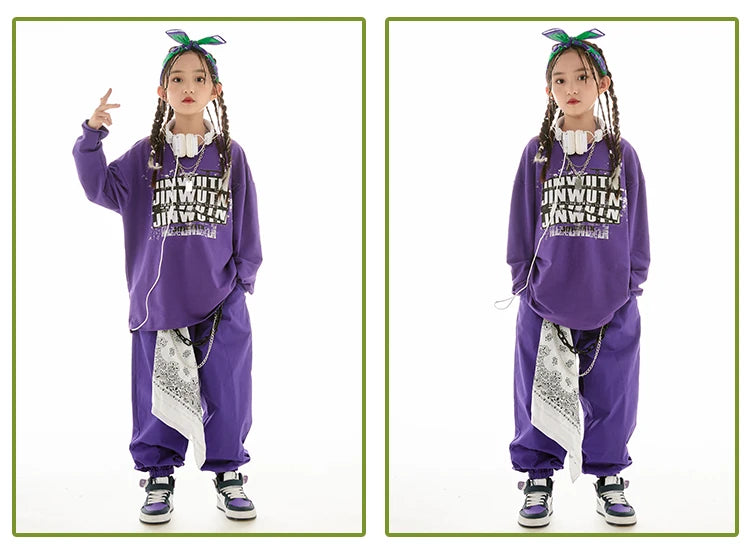 Jazz Dance Clothes Girls Hip Hop Costume Loose Coat Purple Pants Boys Breaking Street Dance Outfit Long Sleeves Suit