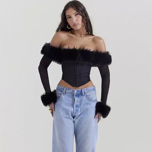 Fur Slash Neck Winter Autumn Women Shirts Tops Pullovers Corset Lady Sexi Black Short Blouse Long Sleeve Cuffs Party Streetwear