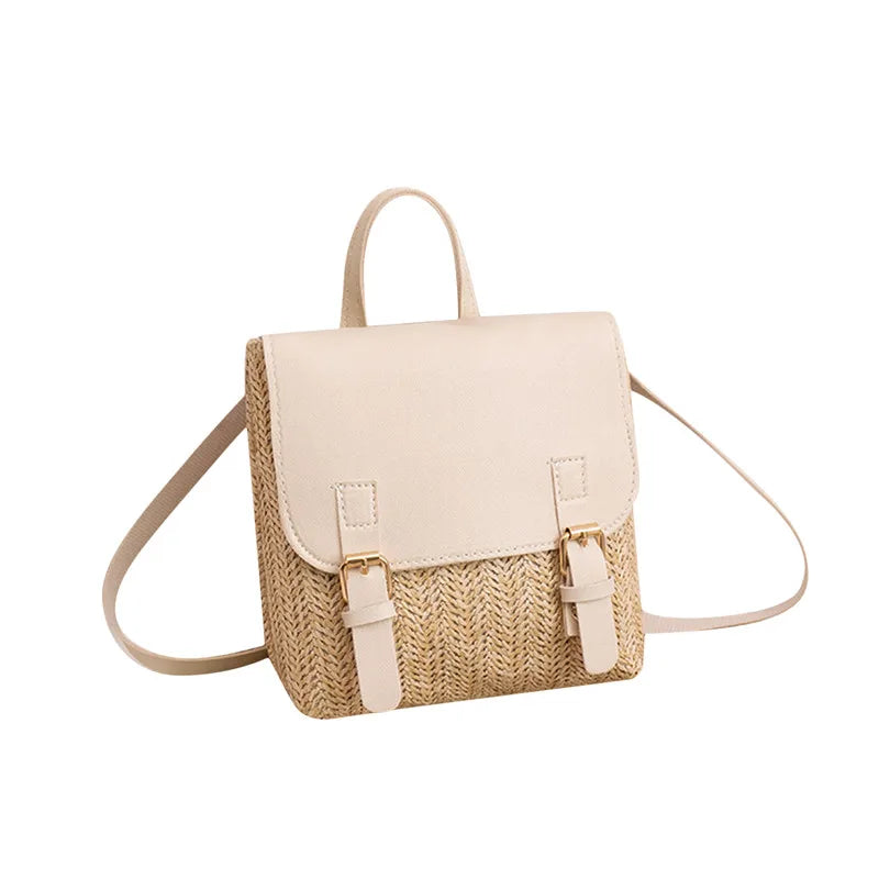 Fashion Women's Shoulder Bag Vintage Straw Woven Bag PU Leather Shoulder Bag Elegant Luxury Versatile Designer Backpack Mochilas