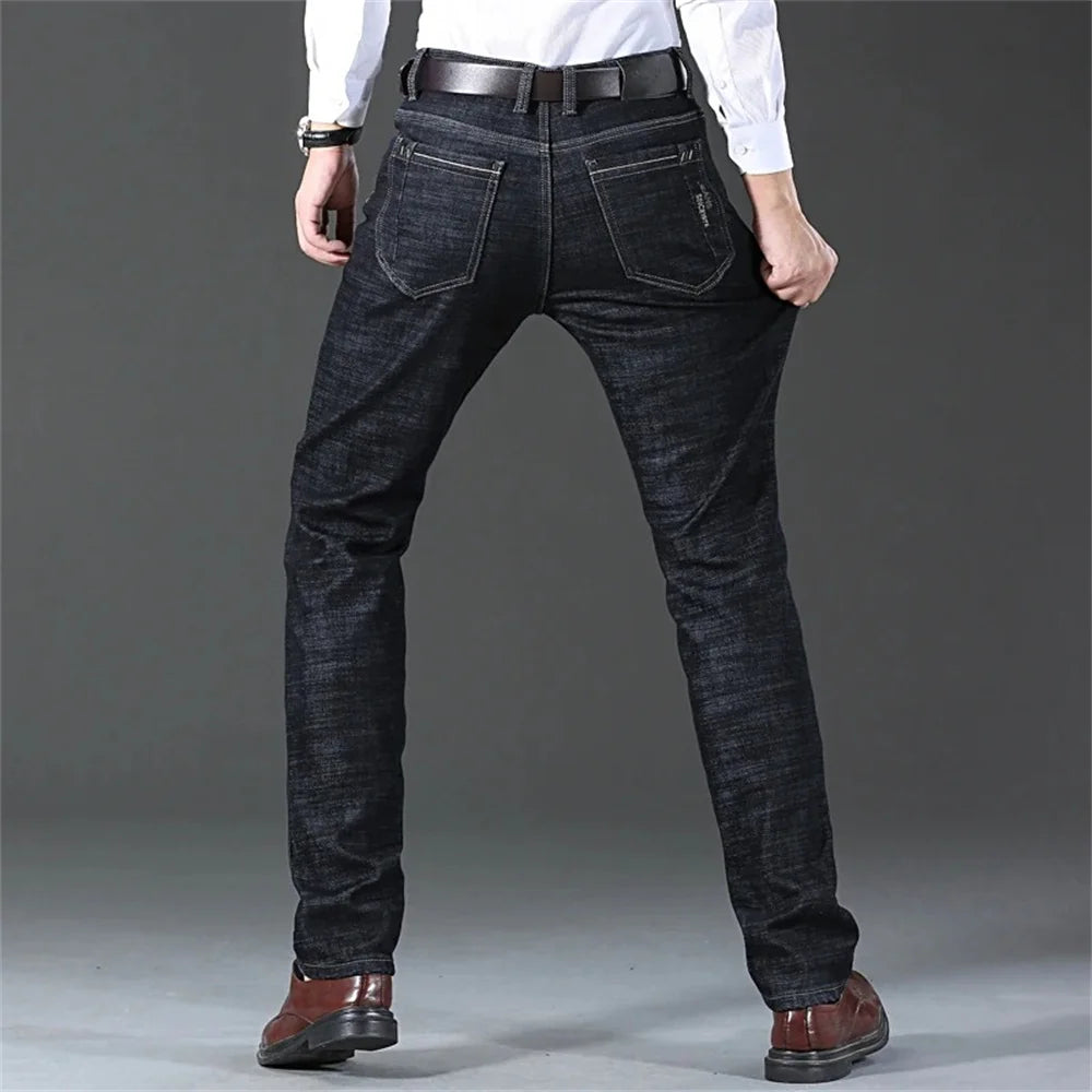 Men's Classic Regular Fit Fleece Jeans Business Fashion Loose Casual Stretch Pants Male Brand Plus Velvet Padded Warm Trousers