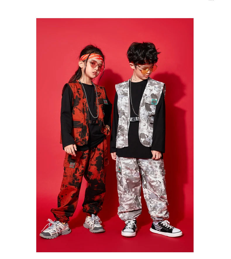 Modern Hip Hop Dance Clothes Kids Costume Camouflage Vest Pants Girls Long Sleeves Suit Boys Street Dance Outfit Rave Wear L9730