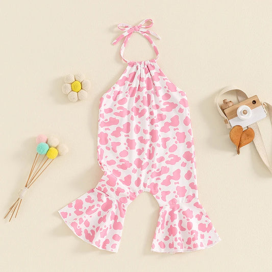 Suefunskry Baby Girl Summer Romper Casual Cow Print Halter Neck Flared Pants Jumpsuit for Newborn Toddler Cute Playsuits Clothes