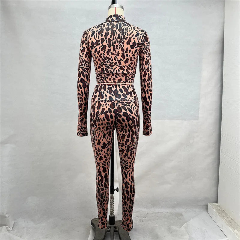 Shestyle Leopard Sporty Women Two Piece Sets Casual Animal Leggings Crop Top Brown Half High Neck Pullover